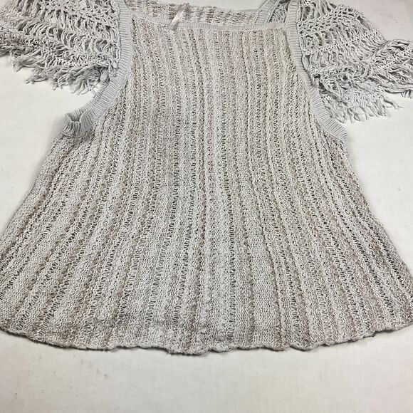 Free People Open Knit Boho Top Gray Short Sleeve Crochet Trim Festival Shirt S - Picture 2 of 11